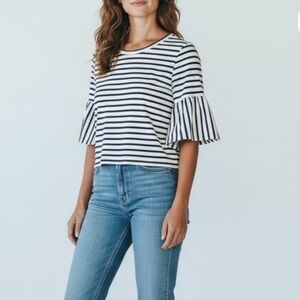 Anthropology W5 Navy Blue White Blouse with Bell Sleeves Size S